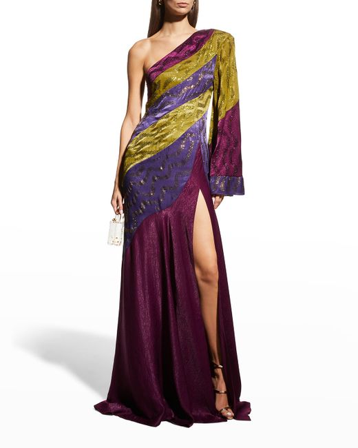 Raisavanessa Wave Colorblock One-Shoulder Satin Gown