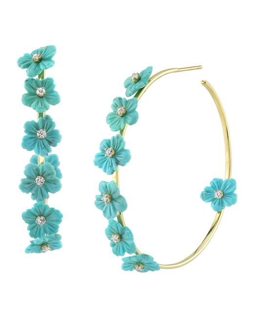 Cynthia Bach 18k Gold Turquoise Diamond Flower Hoop Earrings 2L
