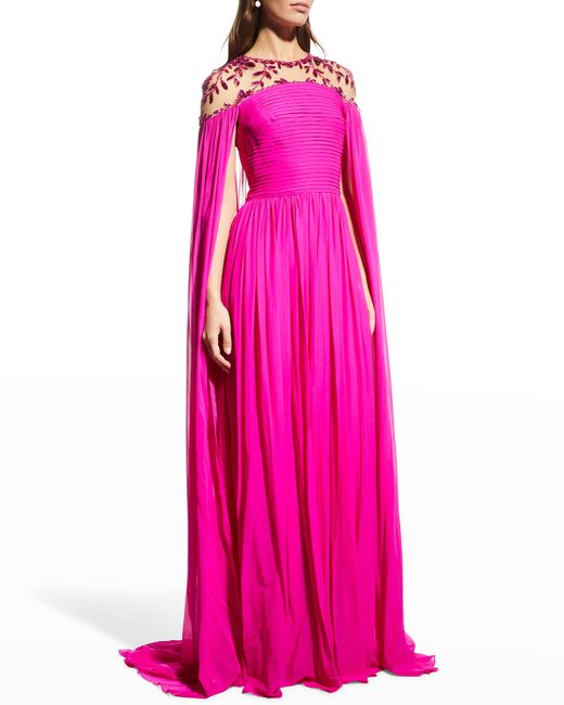 Pamella Roland Crystal Embellished Chiffon Cape Gown