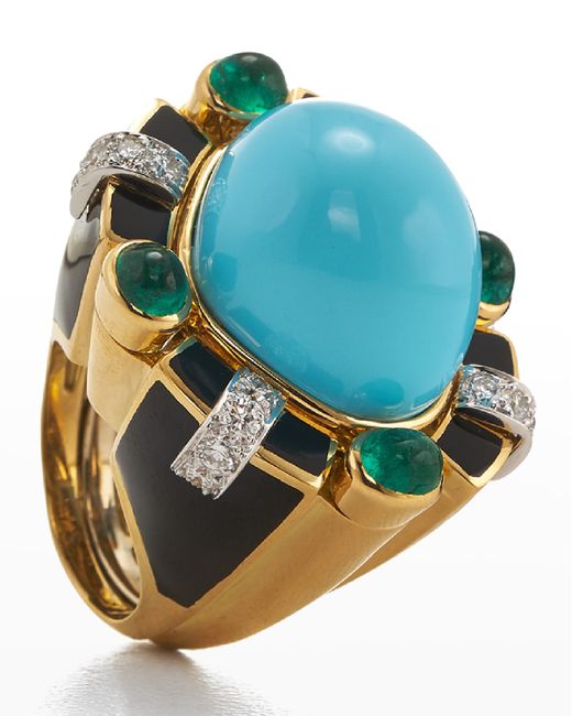 David Webb Turquoise Emerald and Diamond Ring 6.5