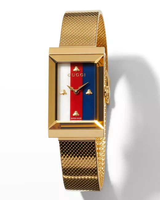Gucci G-Frame Rectangular Mother-of-Pearl Watch w Mesh Strap