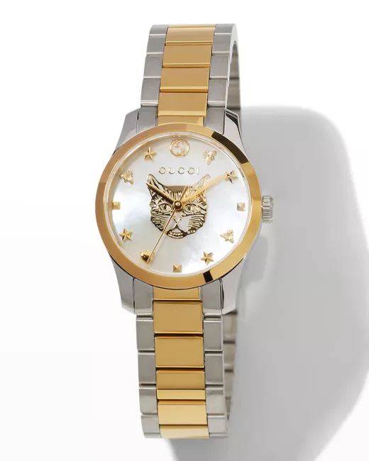 Gucci 27mm G-Timeless Bracelet Watch w Feline Mother-of-Pearl