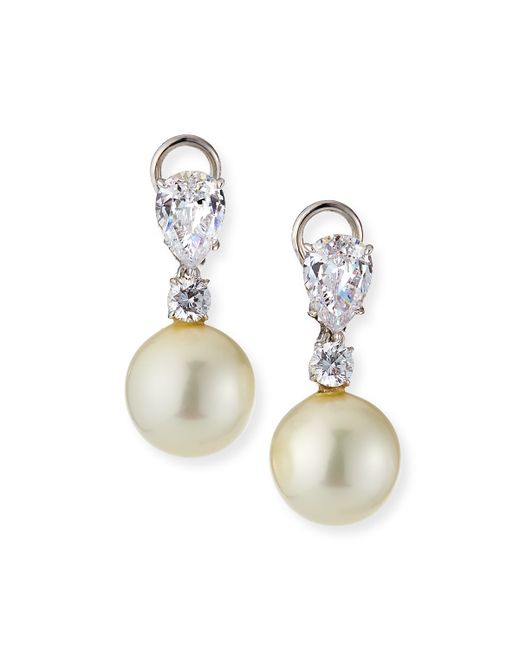 Fantasia by DeSerio 1.75 TCW Pear CZ Simulated Pearl Drop Earrings