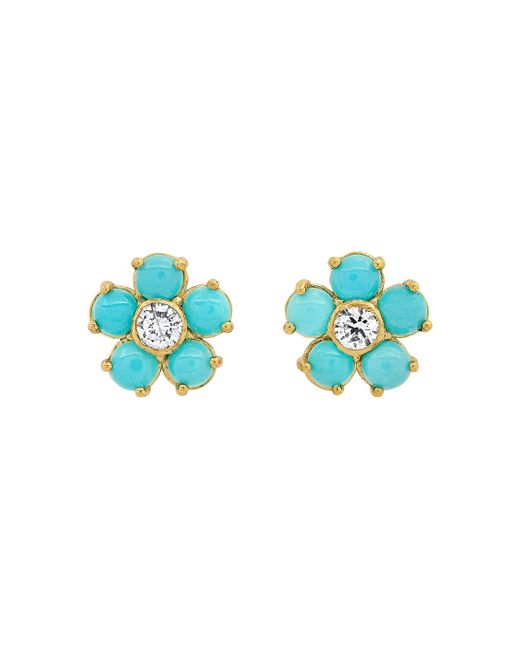 Jennifer Meyer Large Diamond Center Flower Stud Earrings with Turquoise