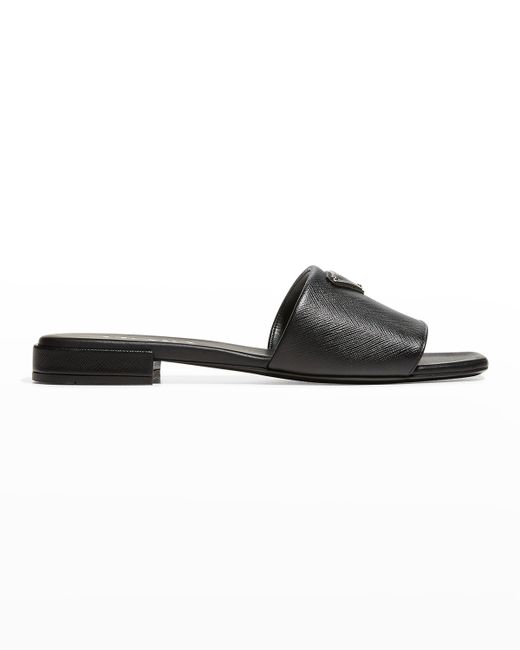 Prada Calfskin Logo Flat Slide Sandals