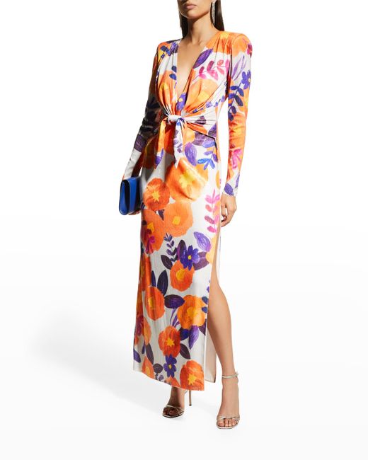 Raisavanessa Floral-Print Strong-Shoulder Knot-Tie Sequin Maxi Dress