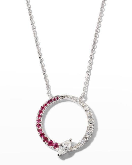 Frederic Sage 18K White Gold Marquise Half Ruby and Diamond Halo Pendant Necklace