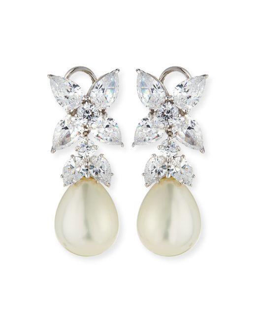 Fantasia by DeSerio 10.0 TCW Flower Top CZ Simulated Pearl Drop Earrings