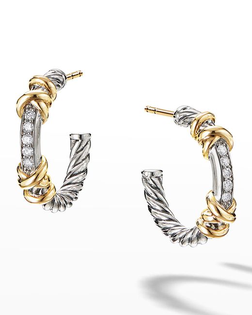 David Yurman Petite Helena Hoop Earrings in Sterling with 18K Gold Diamonds 0.75