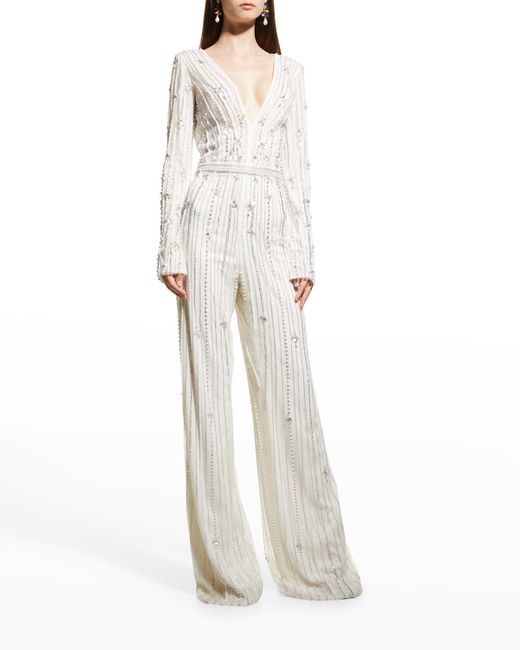 Pamella Roland Plunging Beaded Tulle Wide-Leg Jumpsuit