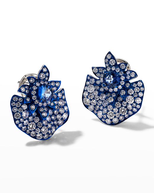 Graziela Gems Rhodium Sapphire and Diamond Folha Earrings