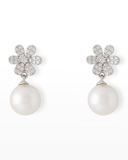 Pearls By Shari 18K Gold Diamond Flower and 8.5mm Akoya Pearl Drop Earrings