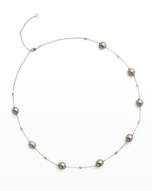 Pearls By Shari 18K White Gold 9mm Tahitian 7-Pearl and Diamond Necklace 17.5L