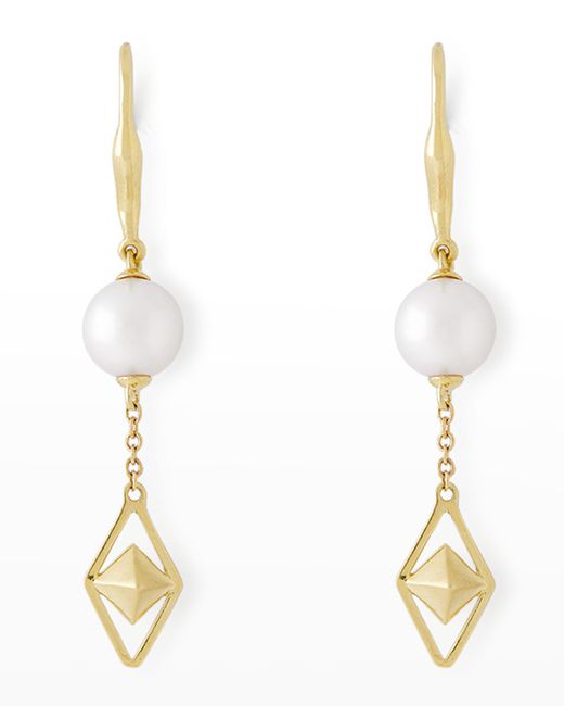 Pearls By Shari 18K Gold 8.5mm Akoya 2 Pearl and Cube Drop Earrings