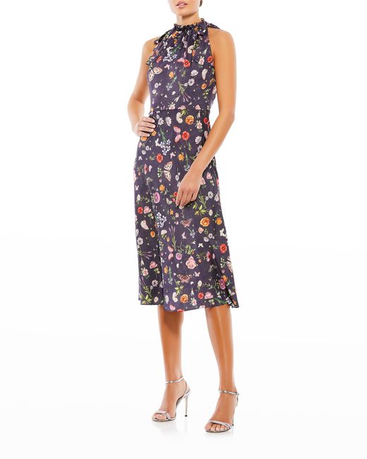 Ieena for Mac Duggal Ruched Floral-Print Halter Dress