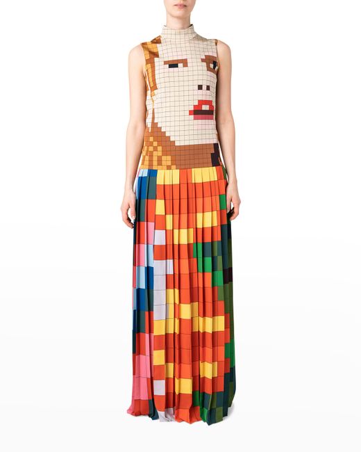 Akris Pleated Pixel Printed High-Neck Gown