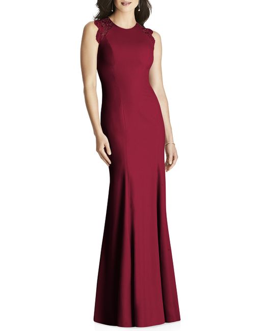 Dessy Collection Sleeveless Crepe Column Gown with Lace