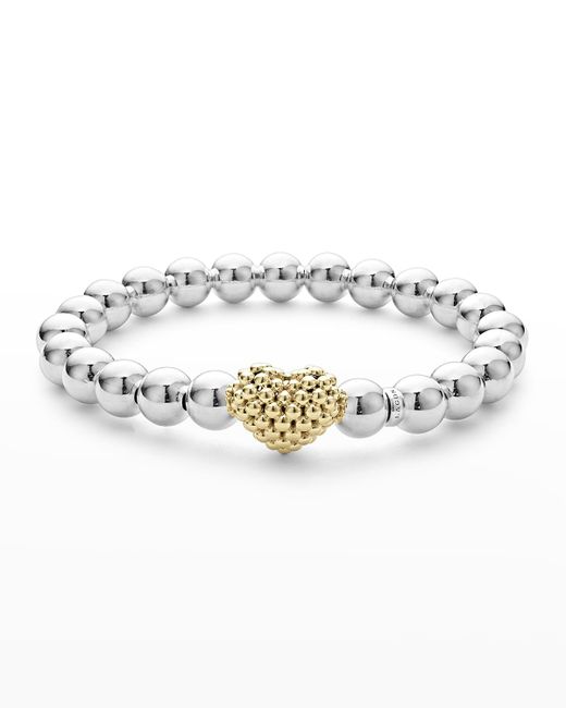 Lagos Sterling and 18K Signature Caviar Heart 8mm Ball Stretch Bracelet