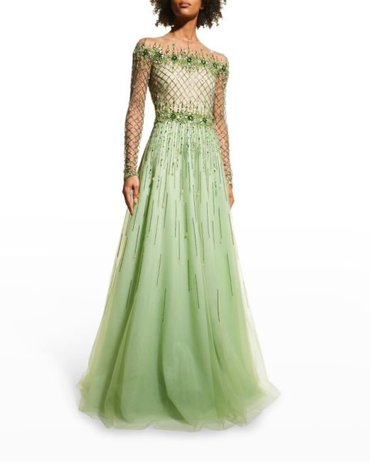 Pamella Roland Degrade Embellished Tulle Illusion Gown