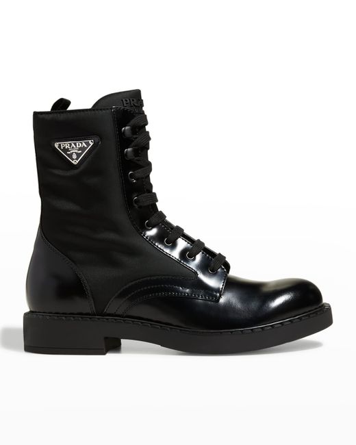 Prada Nylon Leather Triangle Logo Combat Boots