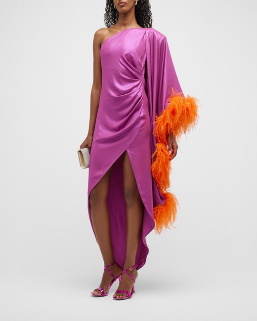 Nervi Maria Metallic One-Shoulder Glam Maxi Dress w Feathers