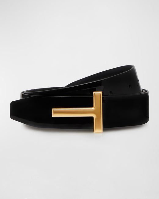 Tom Ford T Buckle Patent to Smooth Leather Belt