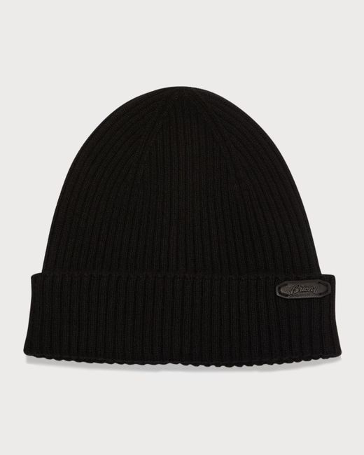 Brioni Rib Cashmere Leather Logo Beanie Hat