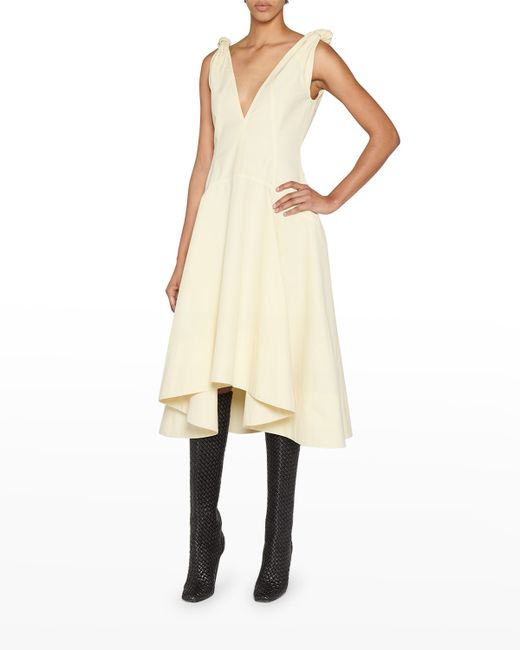 Bottega Veneta Plunging Knot-Shoulder Midi Canvas Dress