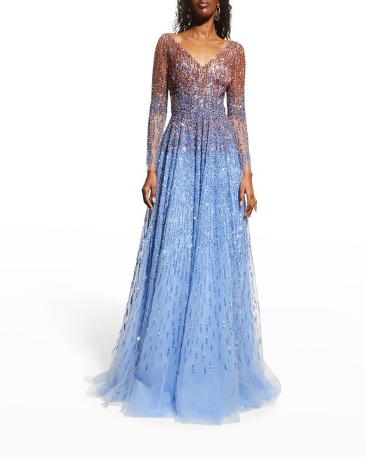 Pamella Roland Ombre Embroidered Evening Gown