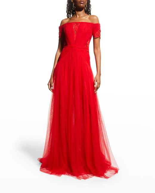 Pamella Roland Lace Off-The-Shoulder Tulle Gown