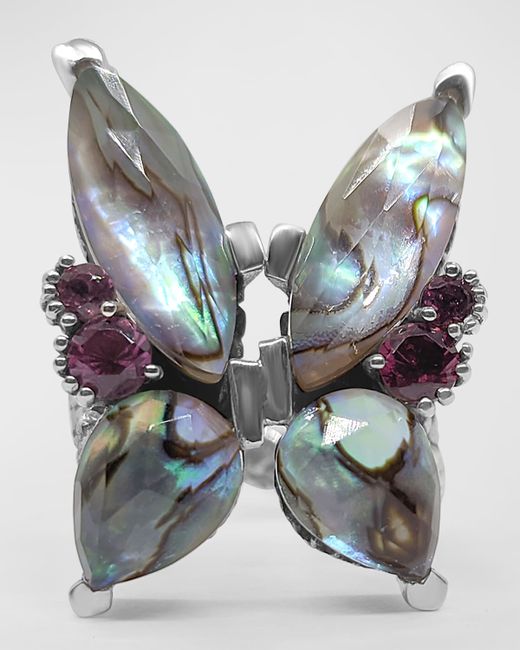 Stephen Dweck Faceted Abalone and Rhodolite Garnet Butterfly Ring in Sterling