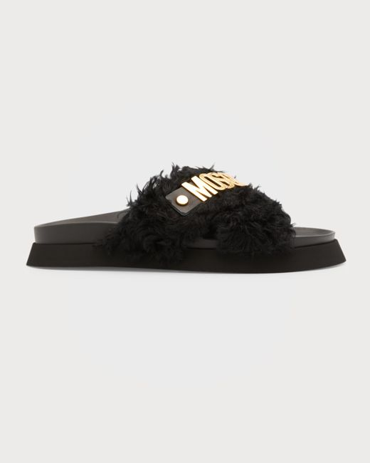Moschino Faux Fur Logo Leather Slides