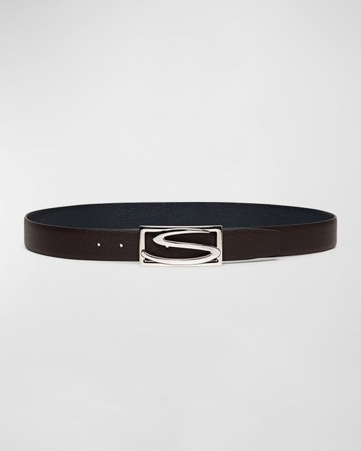 Santoni Rectangle S-Buckle Reversible Leather Belt