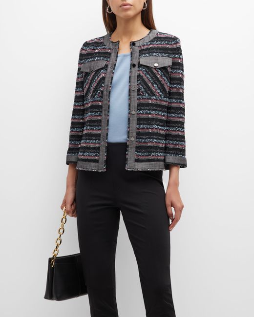 Misook Chambray-Trim Striped Tweed Knit Jacket