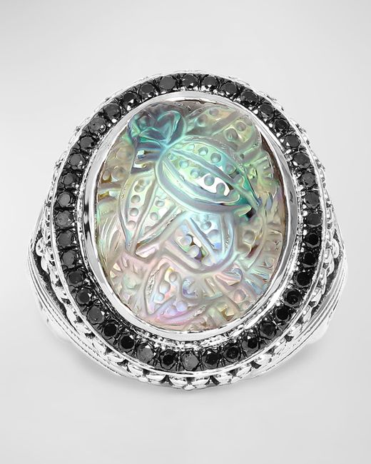Stephen Dweck Quartz Abalone and Black Diamond Ring in Sterling 7