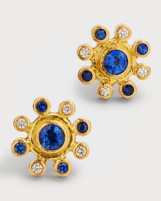 Elizabeth Locke 19K Yellow Gold Halo Stud Earrings with Sapphires Diamonds and Butterfly Backs