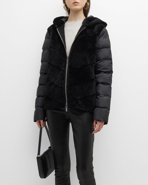 Gorski Chevron Lamb Shearling Parka w Quilted Sleeves And Back