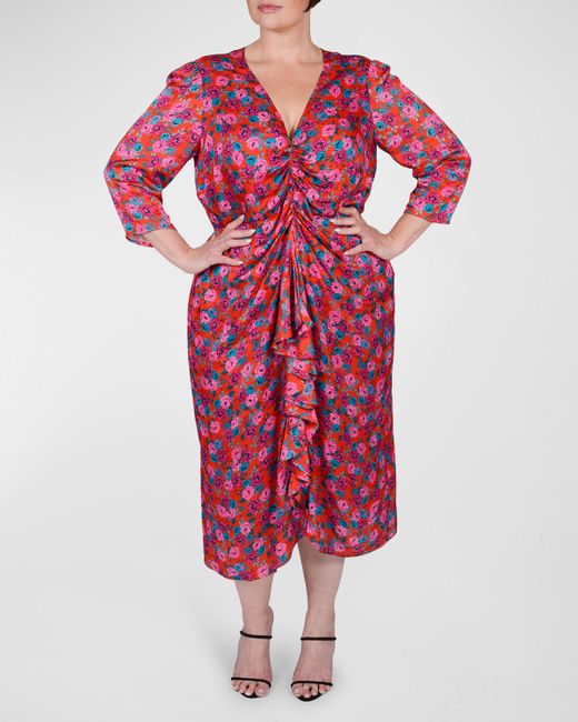 Mayes NYC Winnie Floral-Print Ruffle-Front Midi Dress