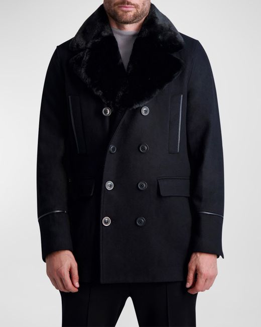 Karl Lagerfeld Wool Peacoat w Faux Fur Collar