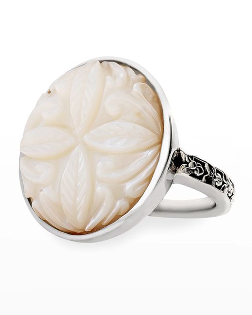 Stephen Dweck Carved White Mother-of-Pearl Flower Ring in Sterling