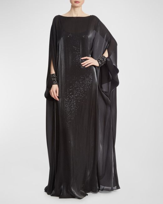 Badgley Mischka Collection Draped Sequin Chiffon Caftan Gown