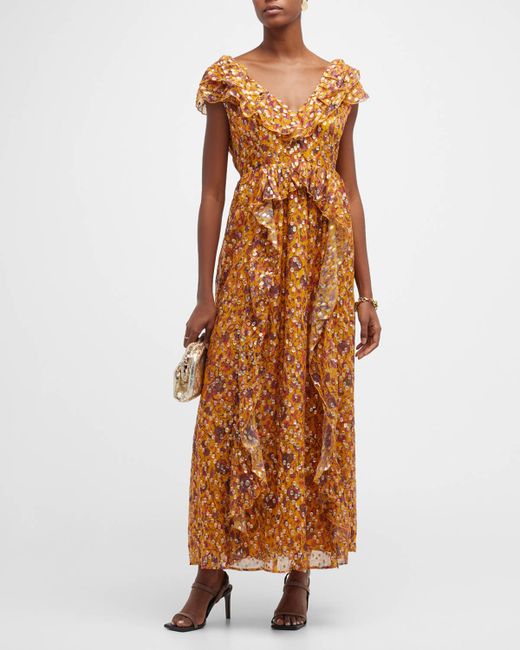 Marie Oliver Jayda Floral-Print Metallic-Dot Gown