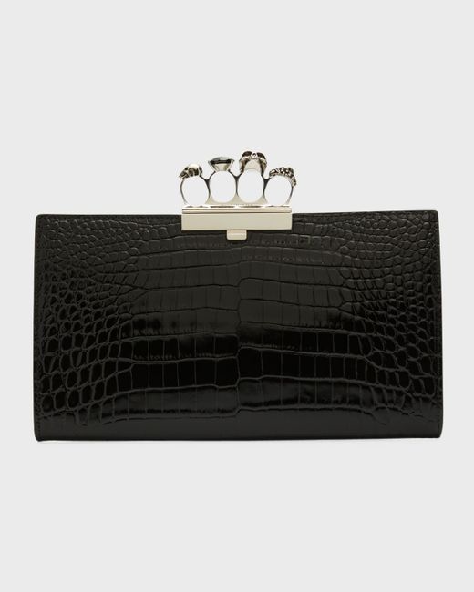 Alexander McQueen Shiny Croc-Embossed Flat Knuckle Clutch Bag