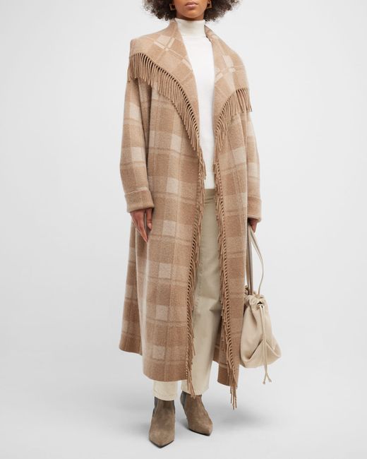 Naadam Plaid Fringe-Trim Wool Coat