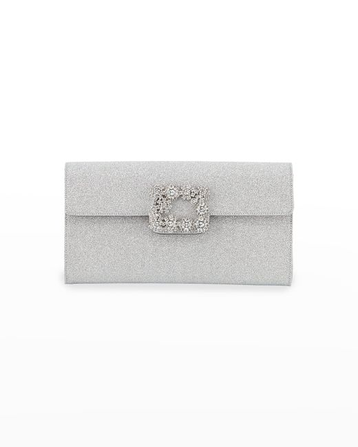 Roger Vivier Floral Crystal-Buckle Glitter Fabric Envelope Clutch Bag