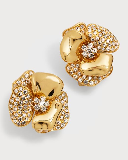 Leo Pizzo 18K Gold Diamond Flower Omega Clip Earrings