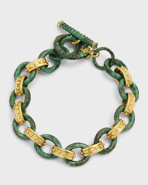 Armenta 18K Gold Artifact Link Bracelet in Teal Patina with Toggle and Sapphires