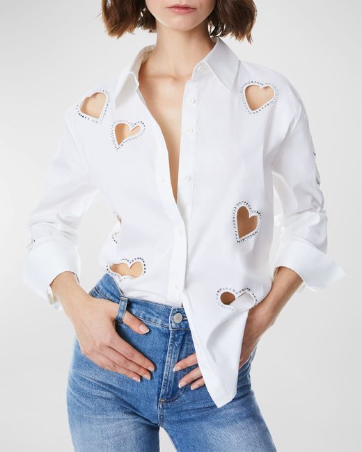 Alice + Olivia Finely Embellished Button-Front Heart Cutout Shirt