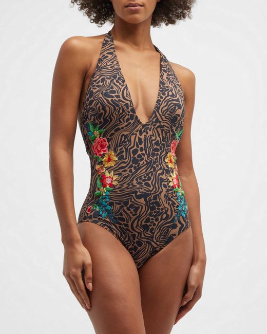 Johnny Was Halter Embroidered One-Piece Swimsuit