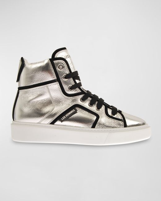 Les Hommes Metallic Leather High-Top Sneakers